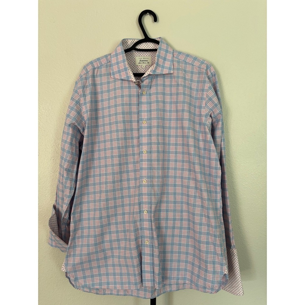 Ted‎ Baker Endurance Mens 17 Blue Red Plaid Classic Fit Dress Shirt Floral Trim
